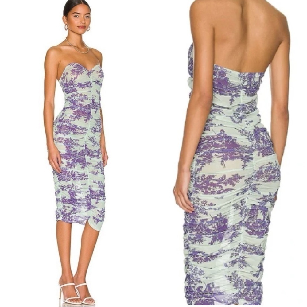MIAOU Renzo Strapless Sweetheart Mesh Ruched Midi Dress